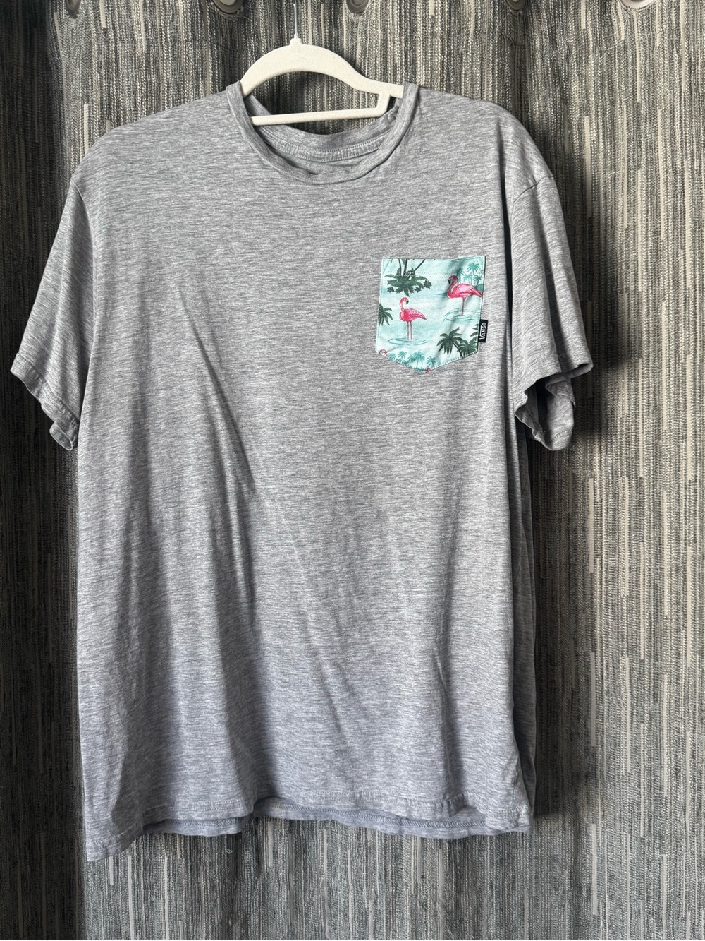 Vans Grey Short Sleeve Tee with Pink Flamingo Pocket
